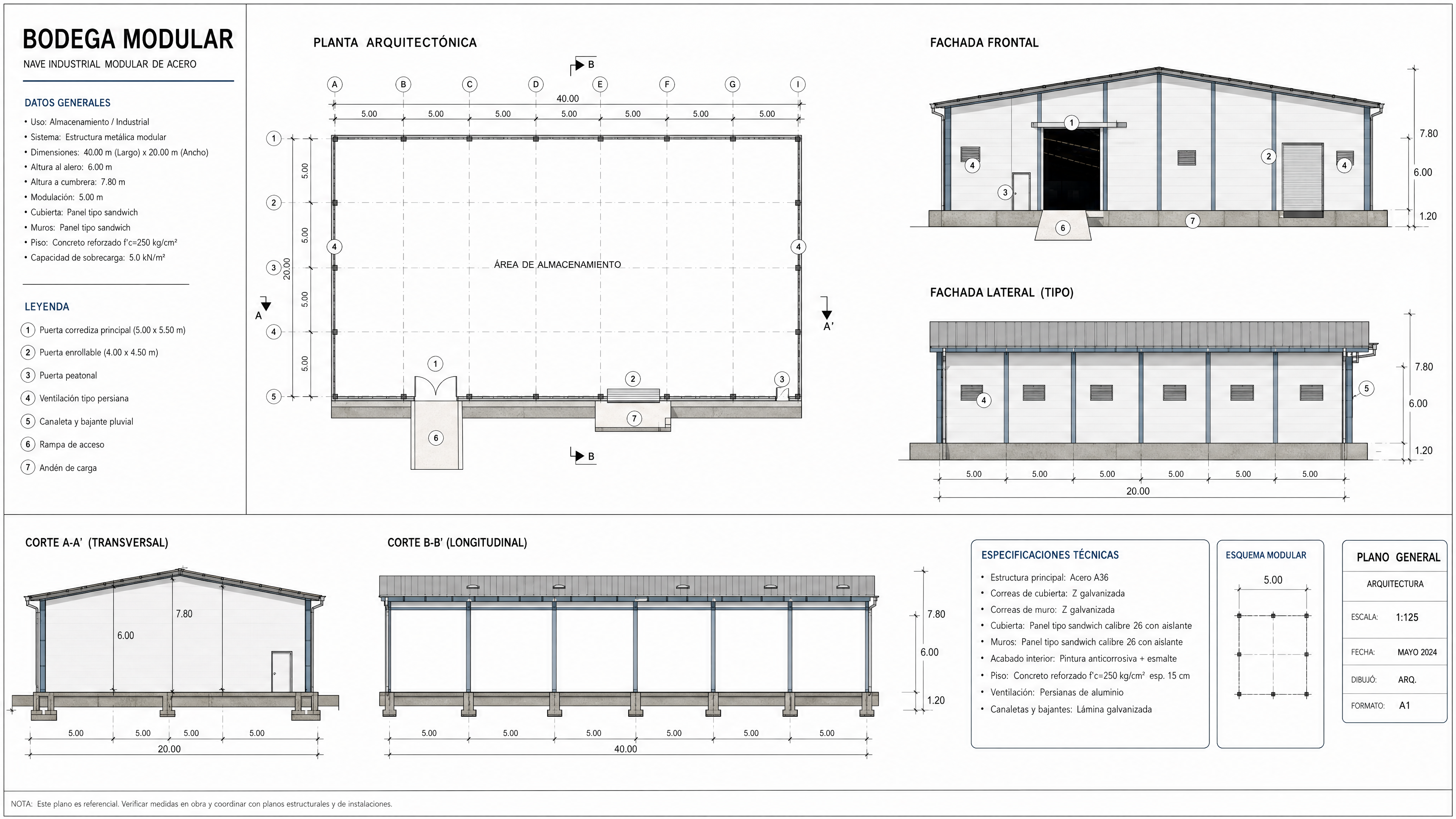 Plano arquitectonico Bodega Industrial 600 m2